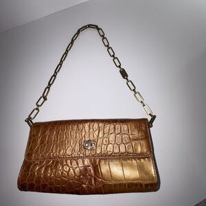 Monsac Cognac Tan Croc Embossed Clutch Mini HandBag Purse Brass Chain Turnlock